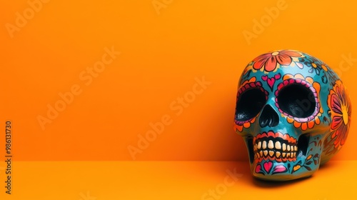 Colorful Sugar Skull on Orange Background.