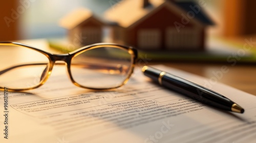 A document with glasses, pen, and a house model in the background, representing real estate planning and investment.