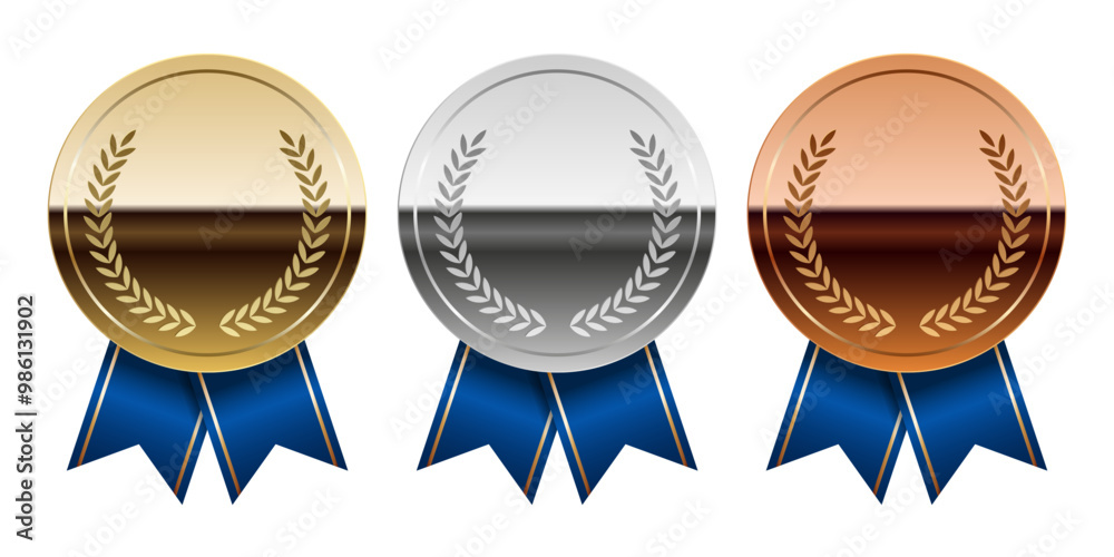 Golden silver and bronze glossy mirror medal with ribbons for sport and games Golden silver and bronze glossy mirror medal with ribbons for sport and games