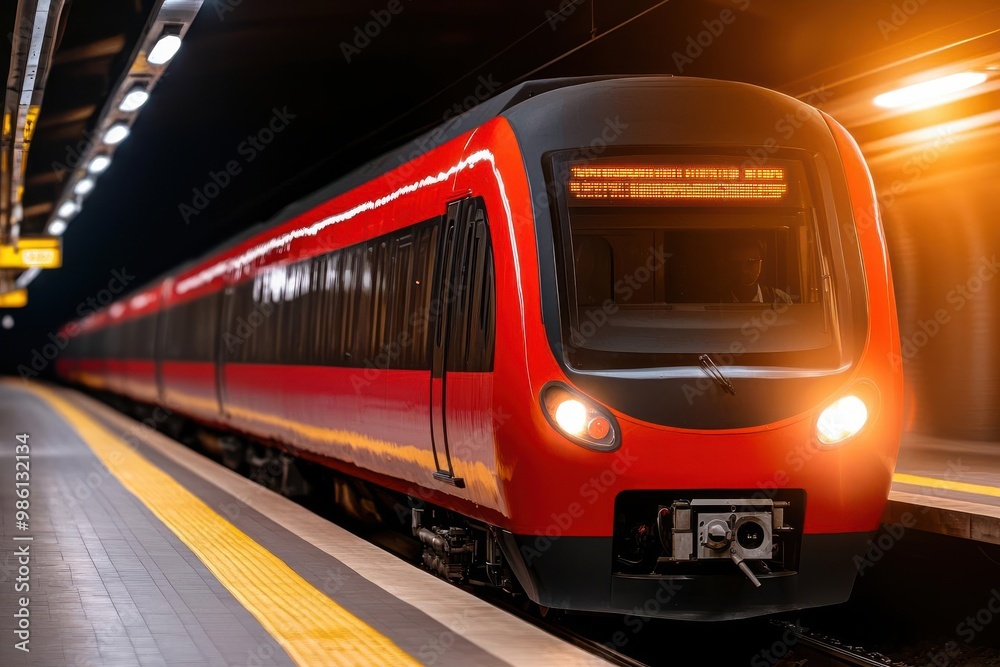 A subway train arriving at an underground platform, symbolizing efficient city transport systems Subway train, City transport A subway train arriving at an underground platform, symbolizing efficient city transport systems Subway train, City transport