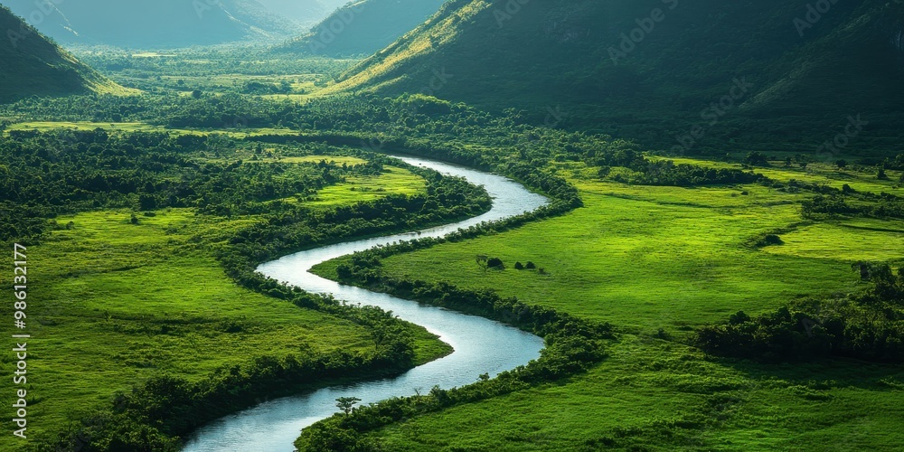 river winding through a green valley river winding through a green valley