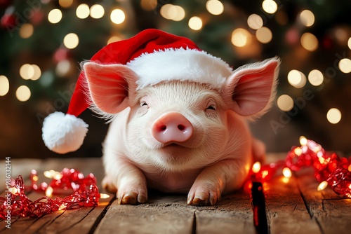 Cute Piglet in Santa Hat for Christmas