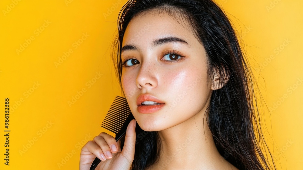 East asian woman holding comb with wet hair against yellow background, fresh and radiant East asian woman holding comb with wet hair against yellow background, fresh and radiant