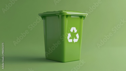 3D render of a green plastic bin with a recycling symbol on a flat background.