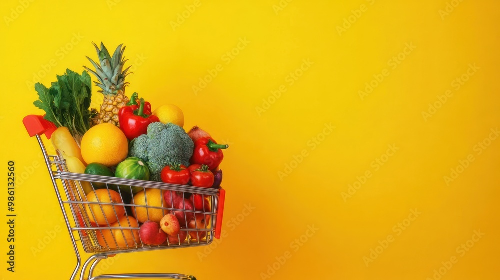 Fresh produce in a shopping cart on a yellow background. Fresh produce in a shopping cart on a yellow background.