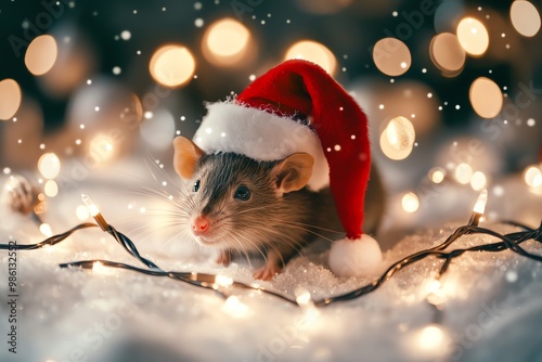 Cute Rat Wearing Santa Hat with Christmas Lights and Snow