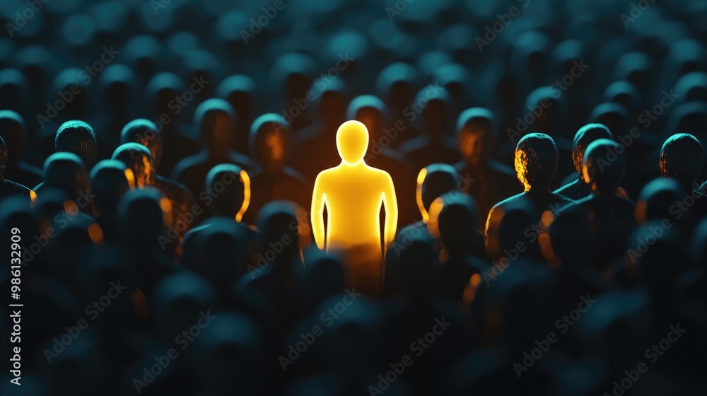 Obraz premium A glowing figure highlighted in a crowd, representing individuality and career development potential.