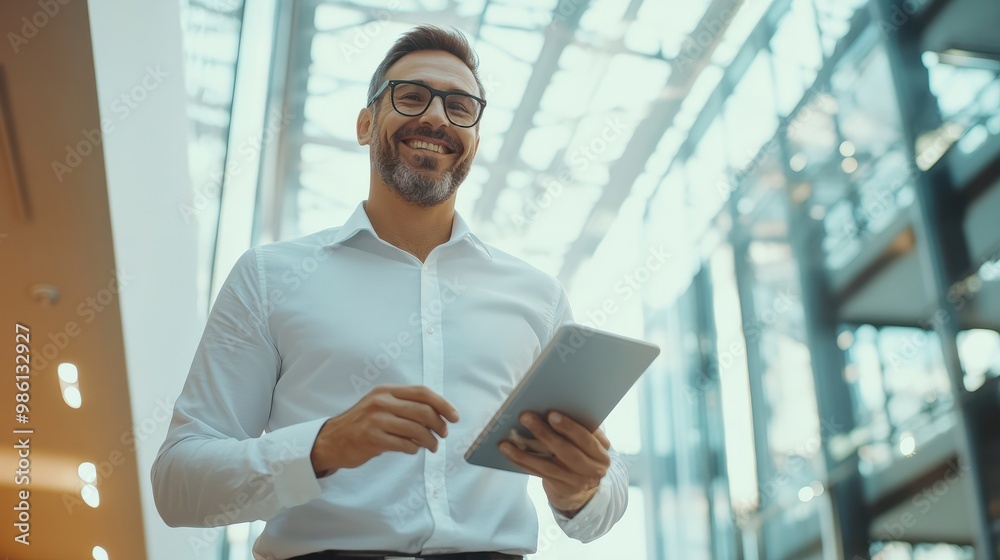 A joyful man in a casual business attire is using a tablet in a bright, modern office environment. A joyful man in a casual business attire is using a tablet in a bright, modern office environment.