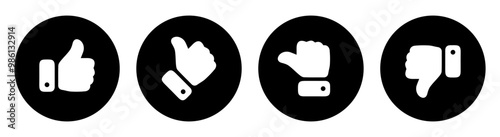 Set of four black circular icons with white hand gestures: thumbs up, tilted thumb, horizontal hand, and thumbs down. Ideal for UI, feedback, apps, and rating systems. Like, dislike, rating, feedback.