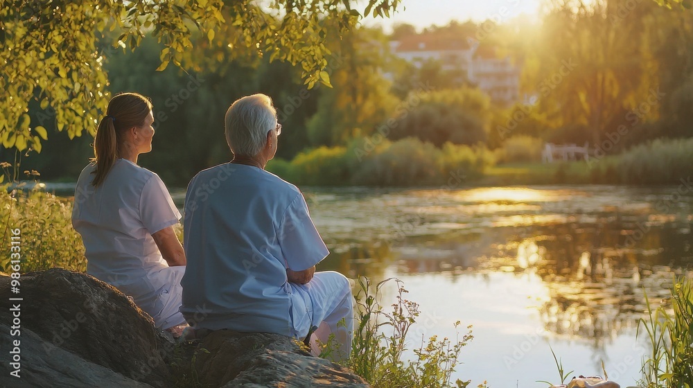 Senior patient enjoying peaceful outdoor scenery while nurse checks vital signs in home care setting Senior patient enjoying peaceful outdoor scenery while nurse checks vital signs in home care setting