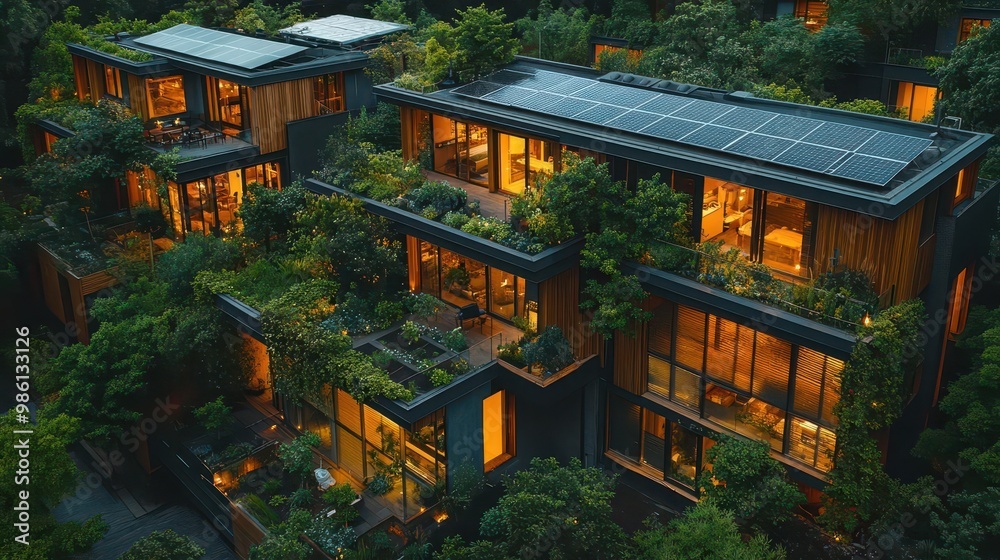 Obraz premium sustainable neighborhood aerial view solar panel rooftops electric vehicle charging stations community gardens smart grid infrastructure ecofriendly architecture