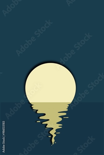  papercut illustration of a background. The sun or moon is setting and there are shadows in the water. dull green background