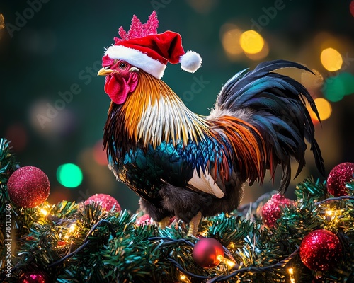 Festive Rooster in Santa Hat on Christmas Garland photo