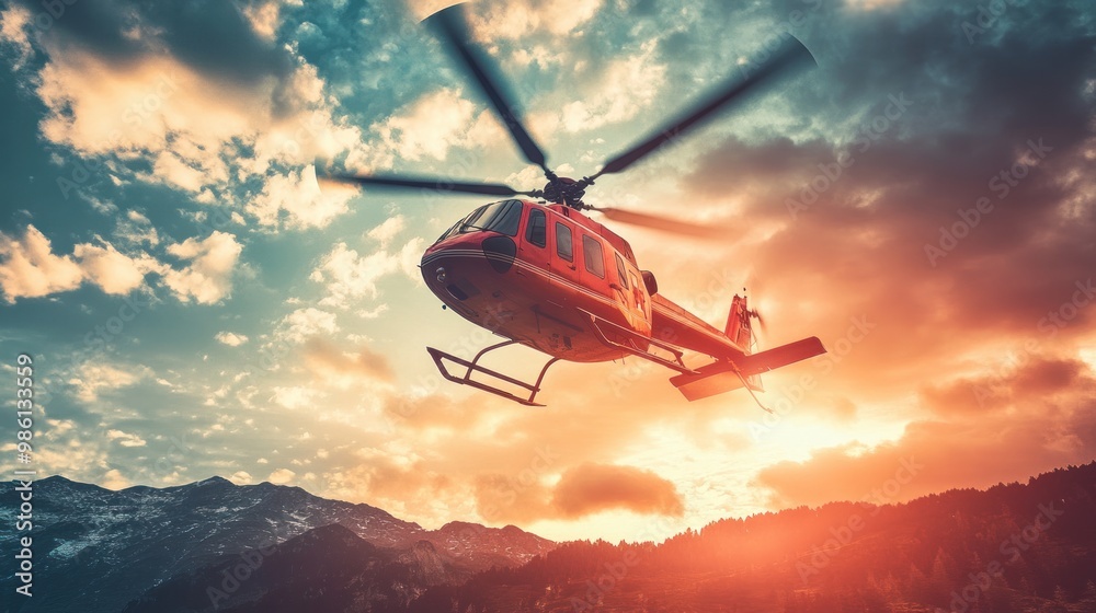 Red helicopter flying over mountain range at sunset. Red helicopter flying over mountain range at sunset.