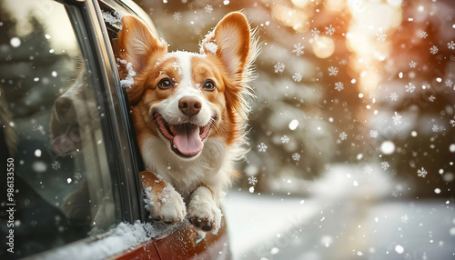 Happy dog with a big smile hanging out of the car window, winter trip or travel with pet, first snow and dog, Christmas weekend with best friend 