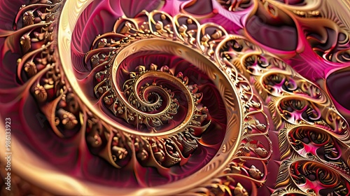 Interconnected fractal spirals in warm gold and crimson for a hypnotic wallpaper photo