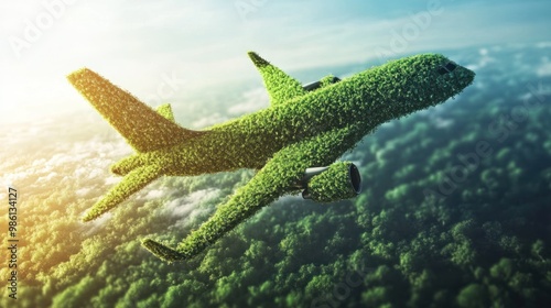 Green airplane made of plants flies above a forest. photo