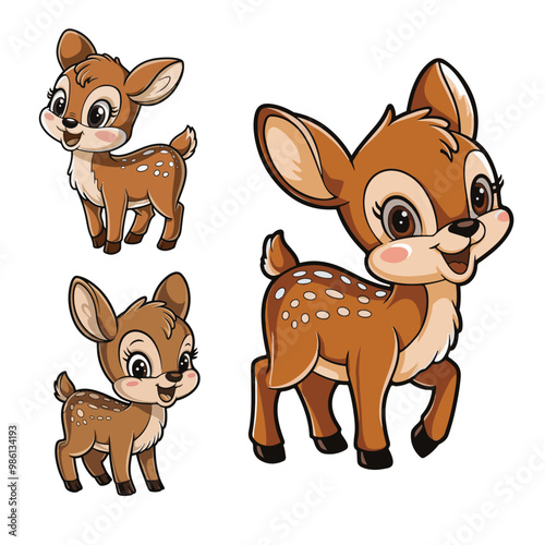 Cartoon deer wild animal forest fauna standing, lying, jumping, drinking and grazing set isolated on white. Cute bambi baby fawn, horny reindeer and spotted roe in various poses vector illustration