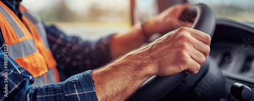 Closeup of a driver s hands on the wheel of a freight truck, symbolizing the role of truck drivers in logistics and longdistance transport Truck driver, Logistics transport photo