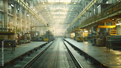 Soft-focus factory with rows of machinery and conveyors hazy atmosphere