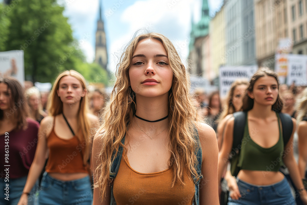 Demonstration with young woman leading a group of protestors, capturing the essence of unity, activism, and the power of youth in advocating for societal change. Demonstration with young woman leading a group of protestors, capturing the essence of unity, activism, and the power of youth in advocating for societal change.