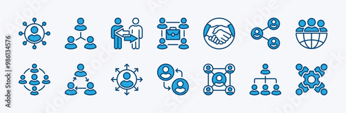 Set of people connections in business icon. Containing teamwork, group management, team, cooperation, hierarchy, organization, collaboration, global, network, sharing. Vector illustration