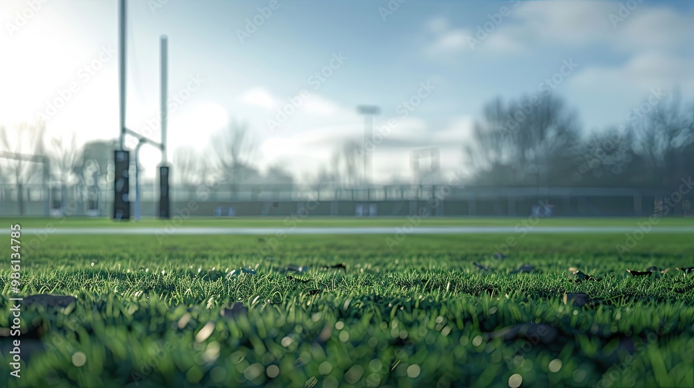Soft-focus rugby field wallpaper with goalposts and a grass pitch in the background Soft-focus rugby field wallpaper with goalposts and a grass pitch in the background