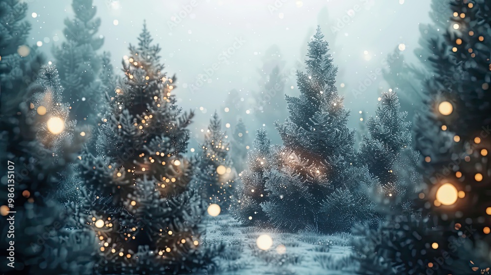 Wallpaper of a snowy forest with pine trees and softly glowing holiday lights in the background Wallpaper of a snowy forest with pine trees and softly glowing holiday lights in the background