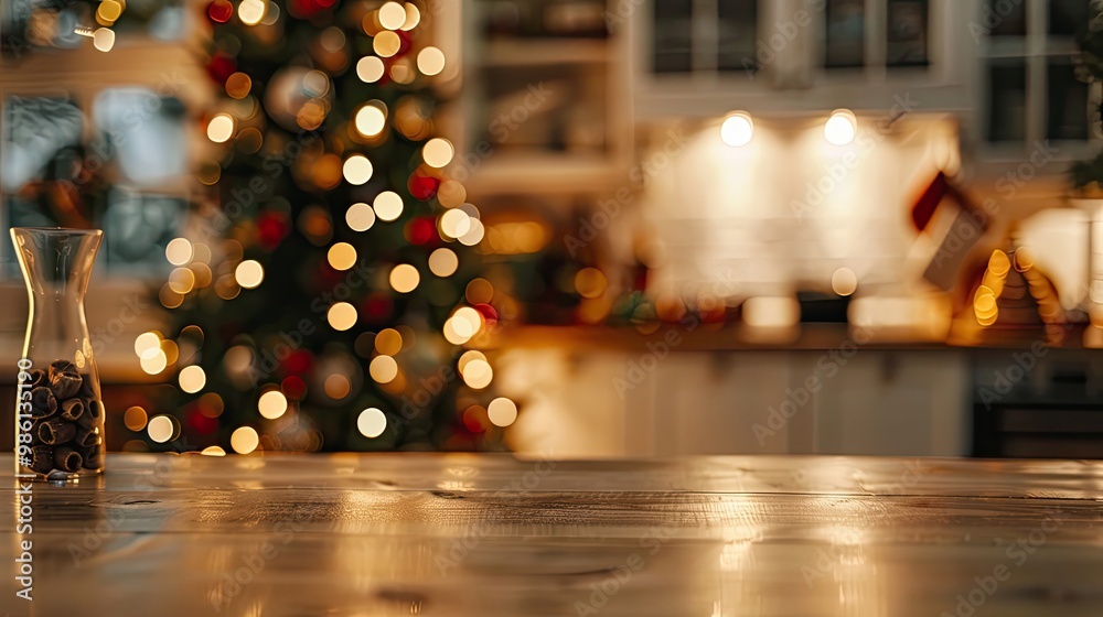Wallpaper of a cozy kitchen with softly glowing holiday lights and distant festive decorations Wallpaper of a cozy kitchen with softly glowing holiday lights and distant festive decorations