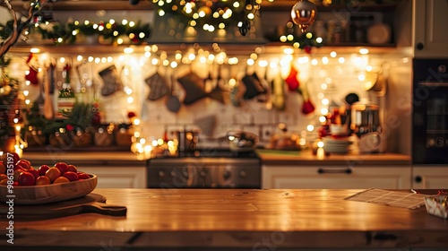 Wallpaper of a traditional kitchen with softly lit festive decorations in the background