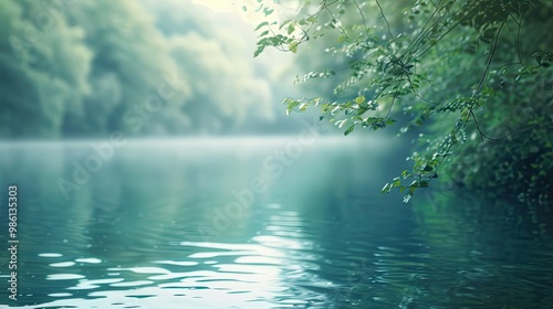 Very blurred lakeside wallpaper with softened water reflections and lush trees