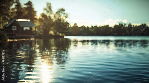 Lakeside cabin wallpaper featuring blurred trees calm water and a sunny sky background