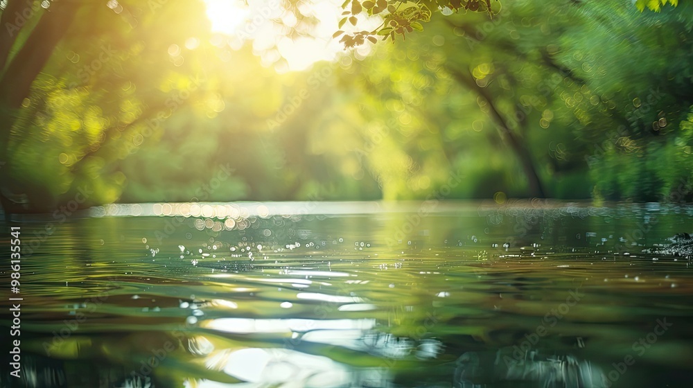 Serene riverside wallpaper with softened water and trees under a sun-drenched sky backdrop Serene riverside wallpaper with softened water and trees under a sun-drenched sky backdrop