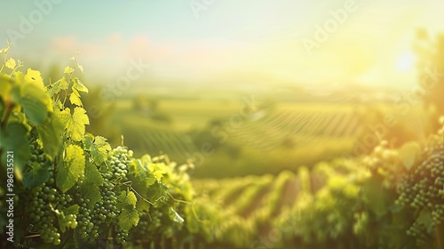 Blurred wallpaper of a summer vineyard featuring softened vines and rolling hills