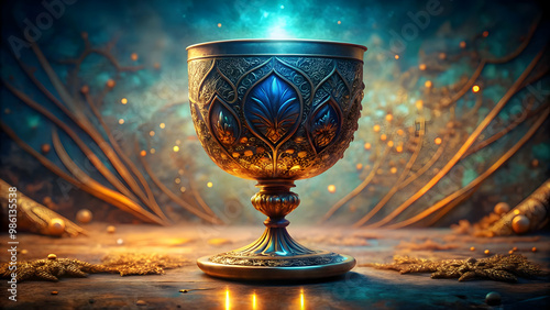  glowing, enchanted goblet decorated with intricate, ancient patterns sits on a richly textured surface. The goblet’s magical aura pulses softly, illuminating its surroundings photo