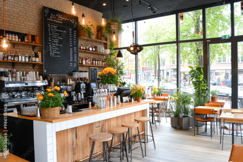 Fototapeta premium A cozy cafe interior featuring a counter with stools