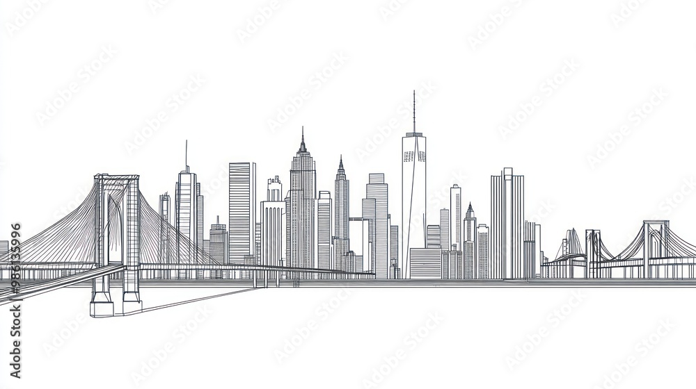 A minimalist line art depiction of a city skyline with bridges. A minimalist line art depiction of a city skyline with bridges.