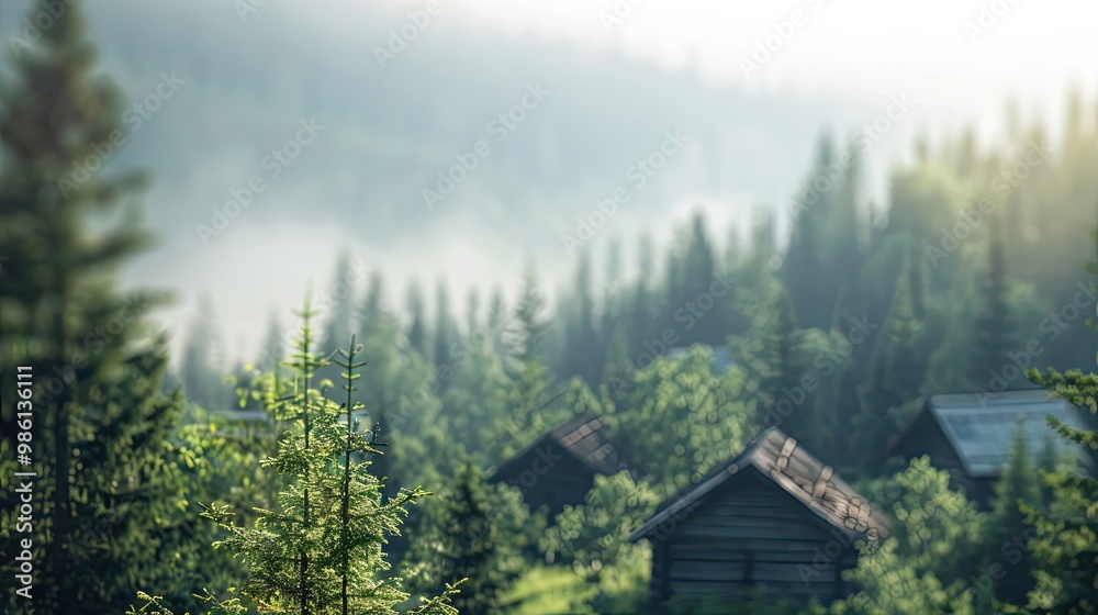 Blurred mountain lodge with softened cabins and bright sky in background Blurred mountain lodge with softened cabins and bright sky in background