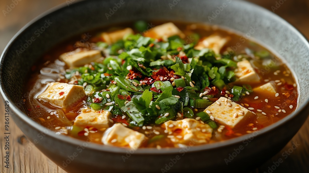 A dash of sesame oil or chili flakes can be added to vegetarian tofu soup for an extra layer of flavor A dash of sesame oil or chili flakes can be added to vegetarian tofu soup for an extra layer of flavor