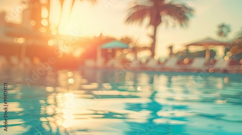 Softened poolside bars and loungers under bright sky in summer resort backdrop