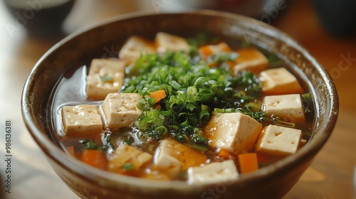 The broth in vegetarian tofu soup is rich in flavor yet low in calories, offering a delicious and guiltfree dish photo