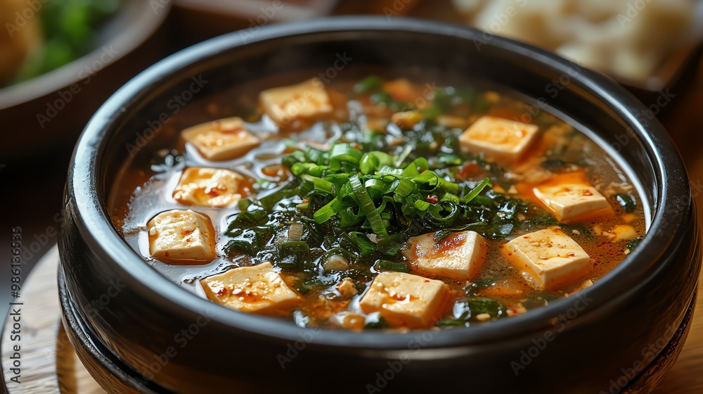 The gentle flavor of vegetarian tofu soup is enhanced with ingredients like soy sauce, ginger, and garlic The gentle flavor of vegetarian tofu soup is enhanced with ingredients like soy sauce, ginger, and garlic
