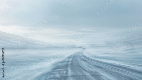 Blurred winter scene with softened snowy hills and road under muted sky