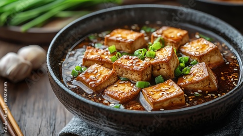 The gentle flavor of vegetarian tofu soup is enhanced with ingredients like soy sauce, ginger, and garlic