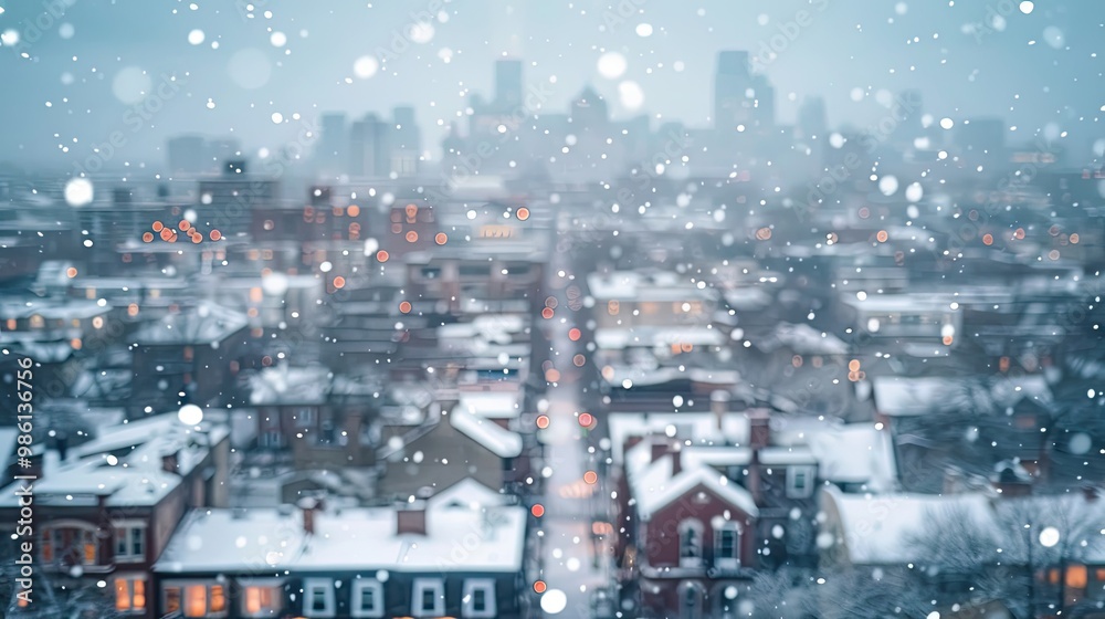 Fototapeta premium Blurred cityscape with softened snow-covered rooftops and gray overcast sky