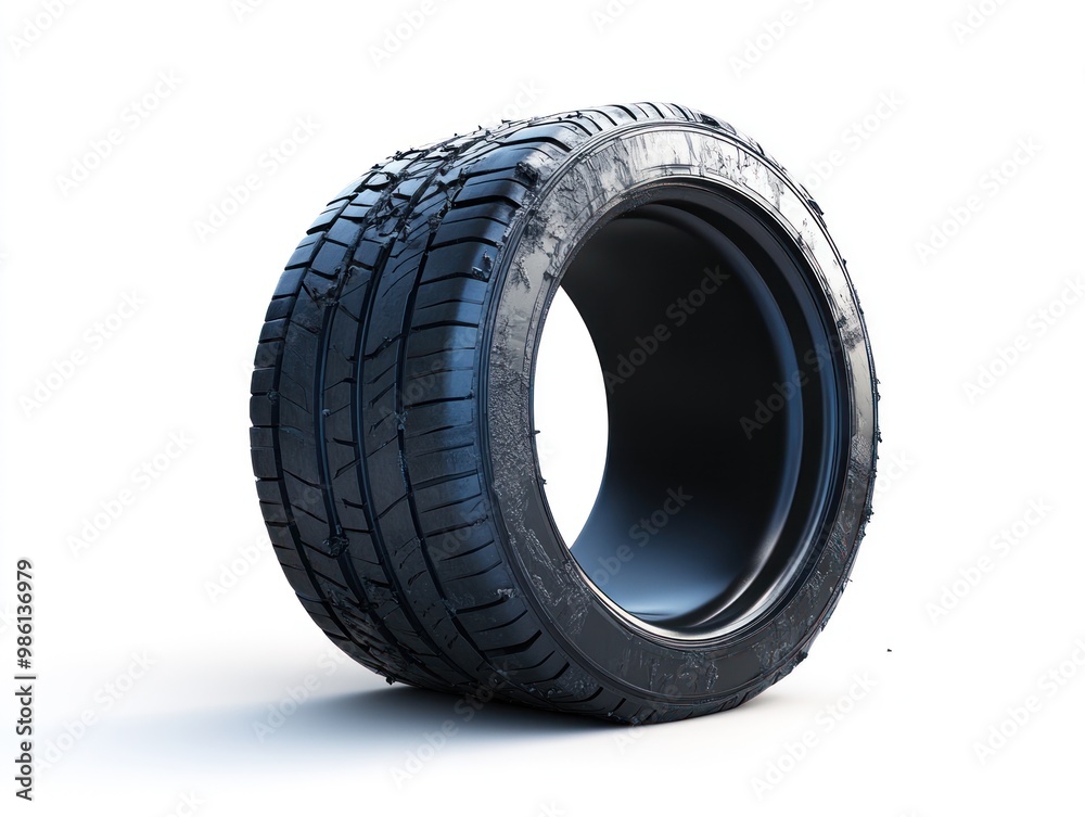 Obraz premium A close-up of a black tire showcasing its tread and structure, used for vehicles.