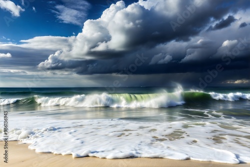 Seascape with crashing waves and stormy clouds over ocean