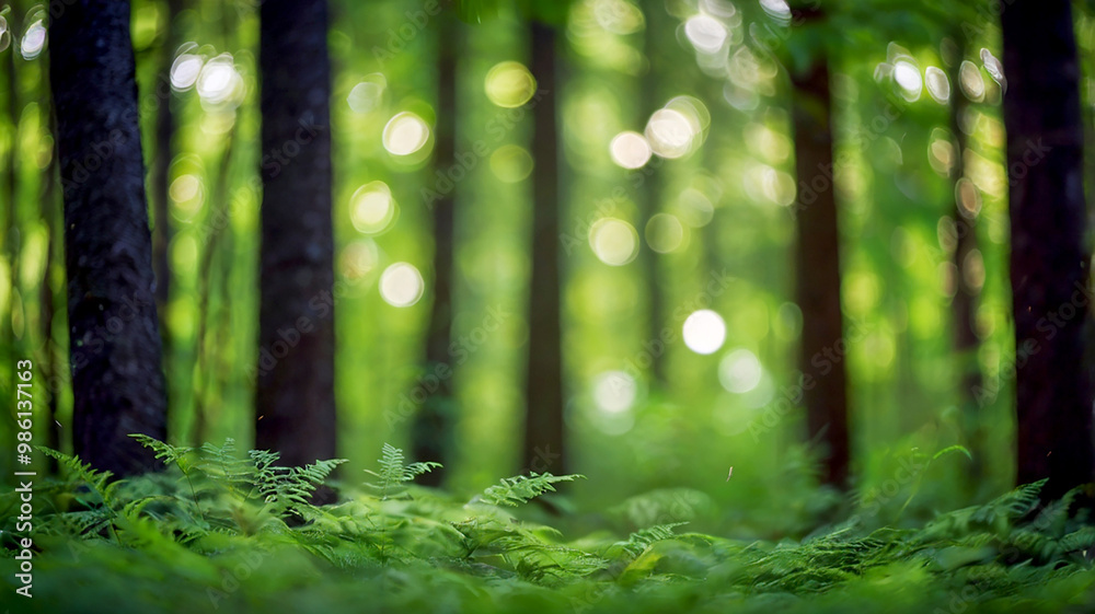 Fototapeta premium Blurred bokeh of a lush, green forest