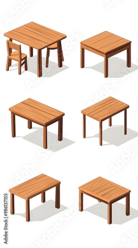 Set of vector illustrations of different wooden tables, desks, and cabinets isolated on a white background. Flat cartoon design.