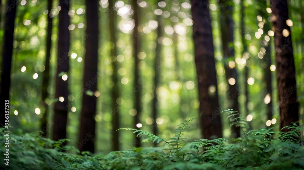 Obraz premium Blurred bokeh of a lush, green forest